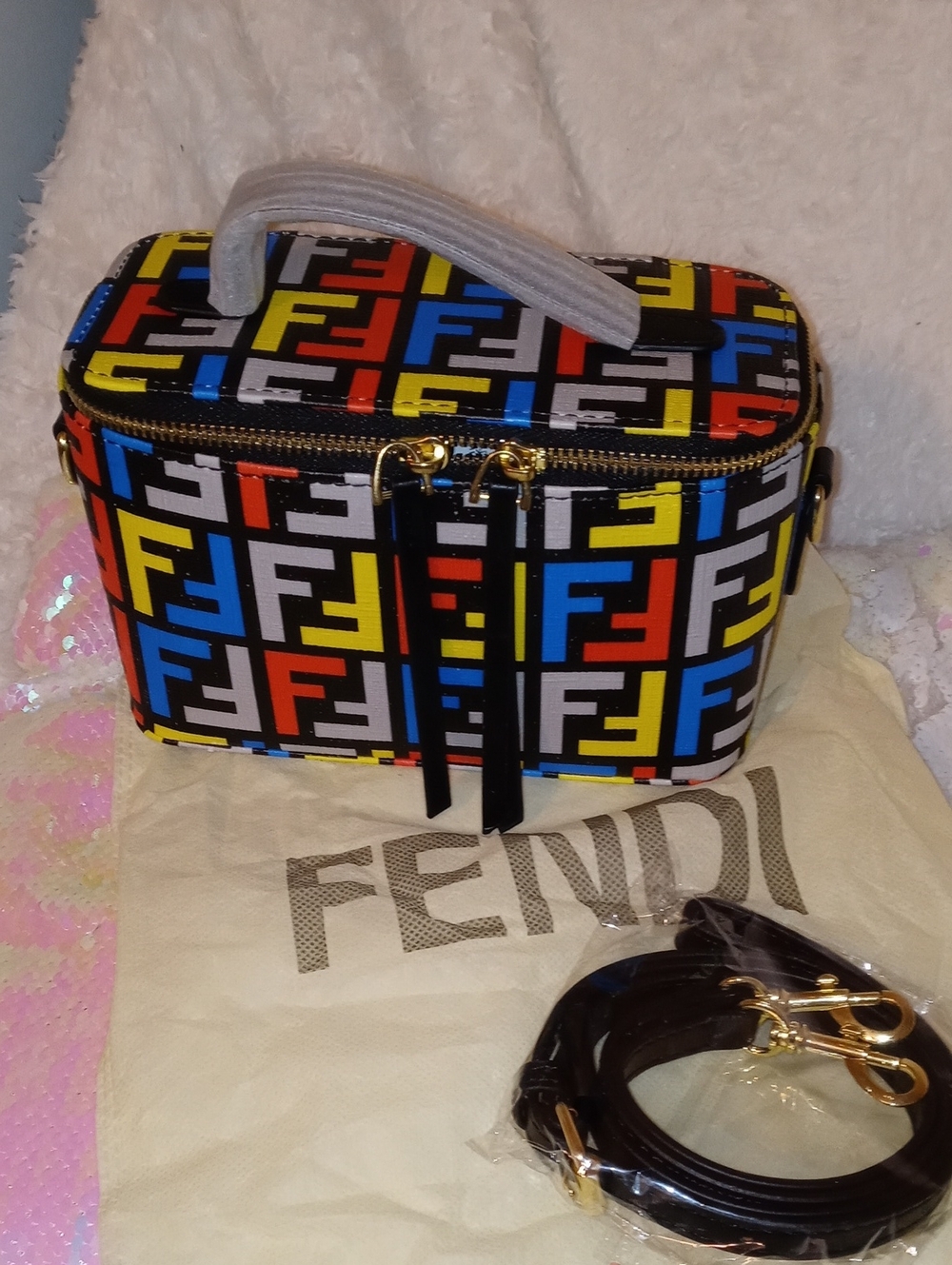Fendi Multicolor Logo Vanity Hand Bag with Black Strap